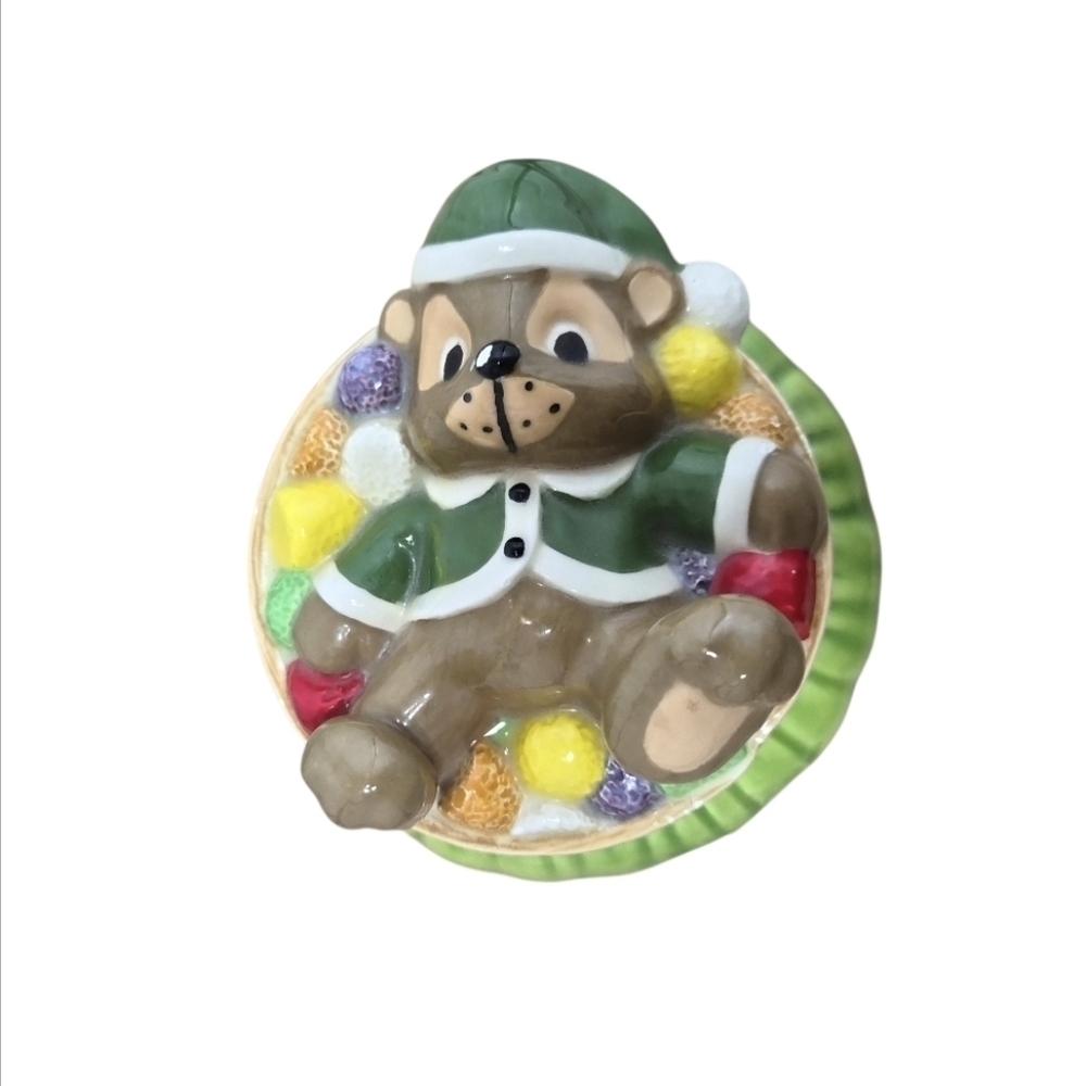 Vintage Hand-Painted Bear Gumdrop Candy Dish / Trinket Jar – Green Base (1980s)